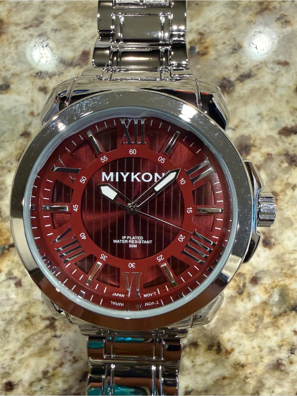 Miykon Men's Silver Stainless Steel Quartz Watch - Water-Resistant, Red Dial